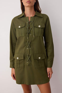 Haki Kus Gozu Baglama Detayl? K?sa / Mini Dokuma Elbise TWOAW26EL00066