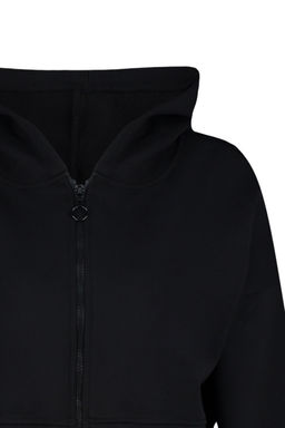 Siyah Basic Fermuarl? Kapusonlu Crop Kal?n Ici Polarl? Orme Sweatshirt TWOAW20SW0660