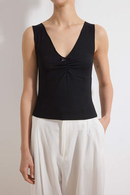 Siyah Regular/Normal Kal?p V Yaka Kolsuz Crop Dokulu Orme Bluz TWOSS26BZ00010 - Trendyolmilla фото 3