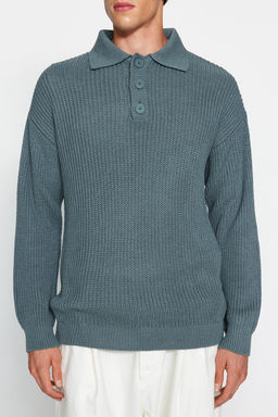 TRENDYOL MAN Unisex Petrol Oversize Fit Genis Kal?p Polo Yaka Tuylenmeyen Basic Triko Kazak TMNAW24KZ00000 - Trendyolmilla фото 2