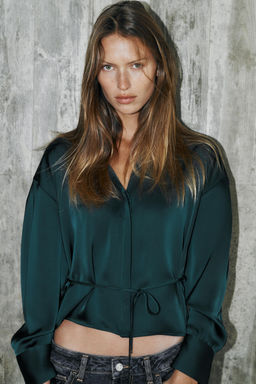 BLUSA SATINADA CINTUR?N / Verde pato - Zara фото 3
