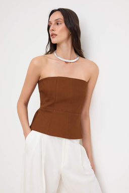 Kahverengi Dikis Detayl? Peplum Gabardin Dokuma Bluz TWOSS26BZ00448