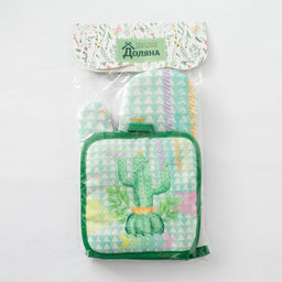 Кухонный набор Доляна «Кактус»: прихватка 17×17 см, варежка 26×16 см, цвет зелёный, 100% п/э