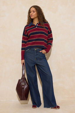 Cok Renkli Cizgili Denim Garnili Polo Yaka Triko Kazak TWOAW26KZ00283