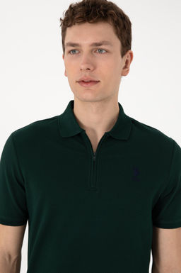 Erkek Regular Fit Fermuarl_ Koyu Ye_il Dokulu Ti__rt