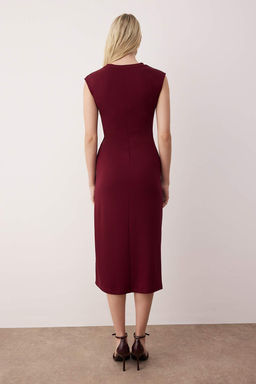 Bordo Baglama Detayl? A-line Duz Midi Esnek Orme Elbise TWOSS25EL00926 - Trendyolmilla фото 4