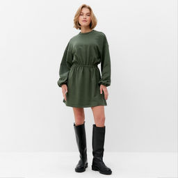 Платье женское короткое с кулиской MINAKU: Casual Collection, зелёное, размер 46, приталенное