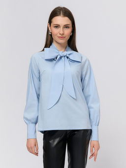 Блуза голубого цвета с принтом, бантом и длинными рукавами - 1001dress фото 2