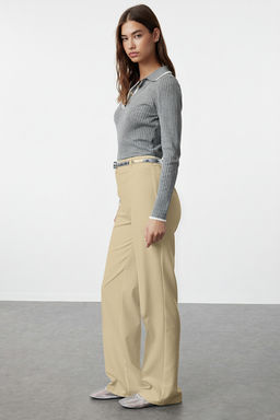 Bej Straight/Duz Kesim Yuksek Bel Nervur Dikisli Dokuma Pantolon TWOSS21PL0093