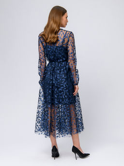 УЦЕНКА. Платье синего цвета длины миди с отделкой из фатина