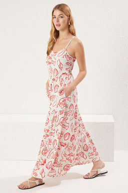 Mavi Bask?l? Havuz Yaka Ask?l? Skater/Belden Ac?lan Esnek Maxi Orme Elbise TWOSS25EL00527 - Trendyolmilla фото 7