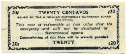Банкнота 20 сентаво 1943 года Филиппины (Минданао, Администрация США)