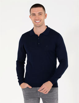 Lacivert Slim Fit Polo Yaka Y_n Kar___ml_ Basic Triko Kazak