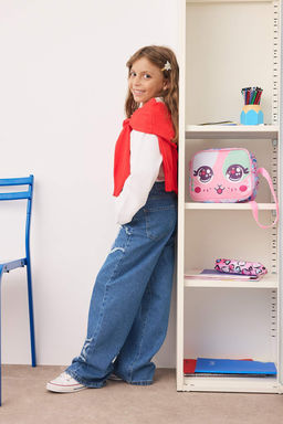 Mavi K?z Cocuk Genis Paca Y?ld?z Desenli %100 Pamuk Lastikli Denim Pantolon TKDAW25PL00001 - Trendyolmilla фото 3