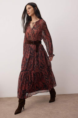 Cok Renkli Sal Desenli Suet Kemerli Maxi Astarl? Dokuma Elbise TWOAW26EL00327 - Trendyolmilla фото 4