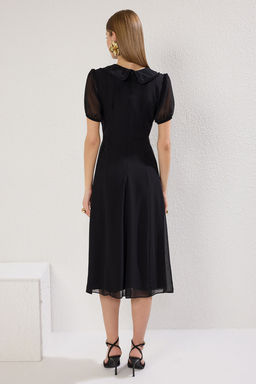 Siyah A Kesim Yaka Detayl? Astarl? Sifon Ucus Ucus Dokuma Midi Elbise TWOSS25EL00256