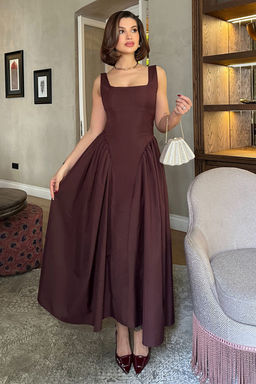 Kahverengi A-Kesim Poplin Dokuma S?k Elbise TPRSS25EL00158