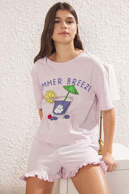 Trendyolmilla Lila %100 Pamuklu Yaz Temal? F?rf?rl? Sortlu Orme Pijama Tak?m? THMSS25PT00147  фото 4