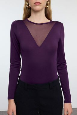 TRENDYOLMILLA Siyah Bisiklet Yaka Tul Dekolteli Alttan C?tc?tl? Esnek Orme Body TWOAW24BD00012  фото 4