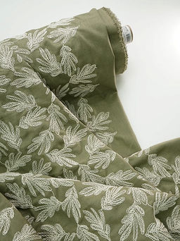 Полулен вышитый рисунок Дубовые листочки цв.хаки, ш.1.35м(выш.часть1.2м), хл-50%, лен-50% - Купава фото 4