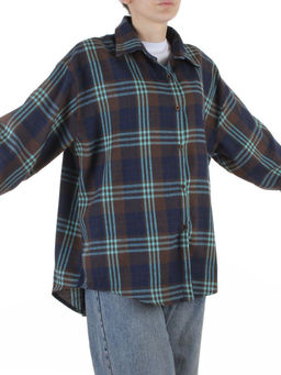 C601 BLUE/BROWN Рубашка женская оверсайз (95% хлопок, 5% спандекс)