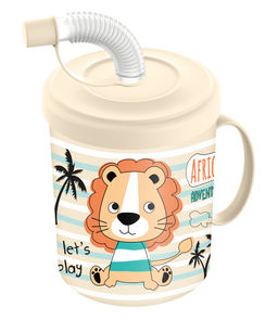 Цена за 2 шт. Кружка детская с крышкой, трубочкой и колпачком 300мл с декором"Львенок"(светло-бежевый)221502025/01