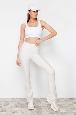 Ekru F?rcal? Soft Kumas Reflektor Bask?l? Ispanyol Paca Yoga Orme Spor Tayt THMAW24TY00066