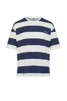 TRENDYOL MAN Lacivert Oversize Yaz? Nak?sl? Cizgili %100 Pamuklu Tok Kumas T-shirt TMNSS24TS00099 - Trendyolmilla фото 7