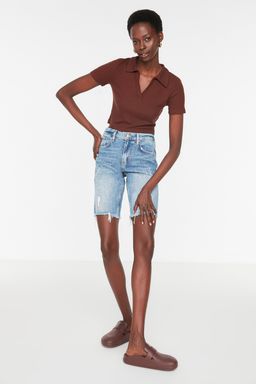 Kahverengi Fitted/Vucuda Oturan Crop Polo Yaka Fitilli Esnek Orme Bluz TWOSS21BZ0038