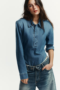 SHIRT-STYLE BODYSUIT WITH SHOULDER PADS