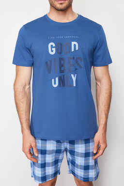 TRENDYOL MAN Indigo Ekose Regular Fit Orme Sortlu Pijama Tak?m? TMNSS24PT00026 - Trendyolmilla фото 3