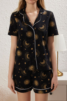 Trendyolmilla Siyah %100 Pamuklu Galaksi Desenli Biyeli Sortlu Orme Pijama Tak?m? THMSS25PT00210  фото 3