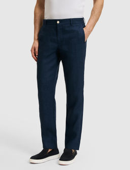 Lacivert Slim Fit Beli Lastikli %100 Keten Pantolon