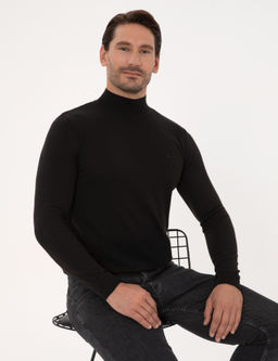 Siyah Slim Fit Pamuk Kar___ml_ Yar_m Bal_k__ Yaka Basic Triko Kazak - Cacharel фото 3