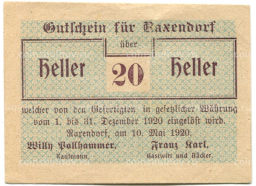 20 геллеров 1920 года Австрия Раксендорф (нотгельд)