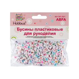 Бусина Hobbius пластик ABFA 4 х 7 мм 5 х 50 г №01 белые с цветными буквами русский алфавит