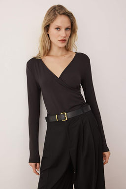 Siyah Soft Touch Kruvaze Drapeli Alttan C?tc?tl? Esnek Orme Body TWOAW26BD00015