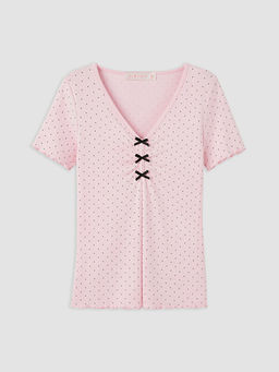V Yaka Puantiyeli Kad?n ?ortlu Pijama Tak?m?
