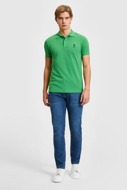 Erkek Slim Fit Polo Yaka Ye_il Basic Ti__rt
