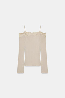 CAMISETA COMBINADA HOMBROS DESCUBIERTOS / Beige claro - Zara фото 5
