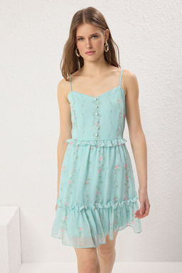 Mint Cicekli Etegi Belden Ac?lan Sifon Ucus Ucus Dokuma Mini Elbise TWOSS23EL01782