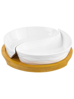 Тарелка под оливки 100 мл 15*15*3,5 см "Инь-Янь айсберг волны" на деревяной подставке