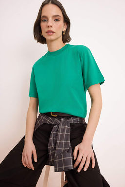 Yesil %100 Pamuk Basic Regular/Normal Kal?p Dik Yaka Orme T-Shirt TWOAW20TS0096