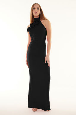 Siyah Gul Detayl? Dokuma Uzun S?k Abiye Gece Mezuniyet Elbisesi TPRSS24AE00011