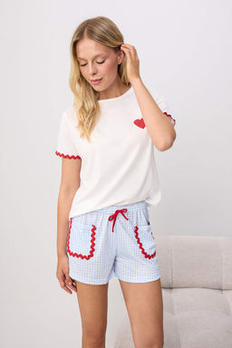 Beyaz-Mavi Ekoseli Kalpli _erit Detayl_ _rme Pijama Tak_m_ THMSS26PT00268