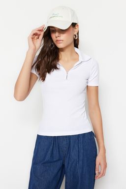 Lacivert Fermuar Detayl? Fitted/Vucuda Oturan Polo Yaka Fitilli Esnek Orme Bluz TWOSS23BZ00496 - Trendyolmilla фото 18