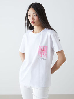 Bisiklet Yaka Bask?l? Penye Kad?n Ti??rt