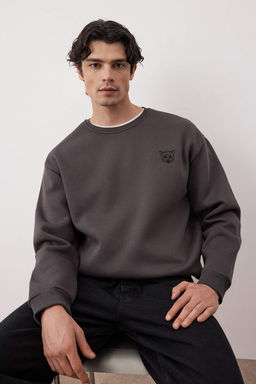 Antrasit Oversize/Genis Kesim Pamuklu Basic Ici Polarl? Kal?n Nak?sl? Sweatshirt TMNAW25SW00011