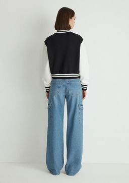 M Logo Patchli Siyah Bomber Ceket - Mavi фото 4