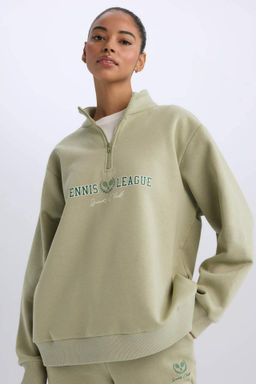 DeFactoFit Oversize Genis Kal?p Fermuarl? Dik Yaka Bask?l? Kal?n Spor Sweatshirt  фото 2
